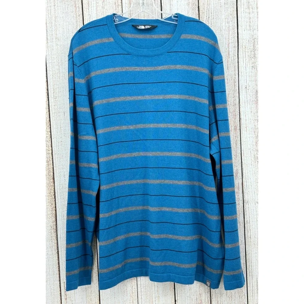 The North Face Sweater Mens 2XL‎ Blue Striped Wool Blend Crew Neck Pullover